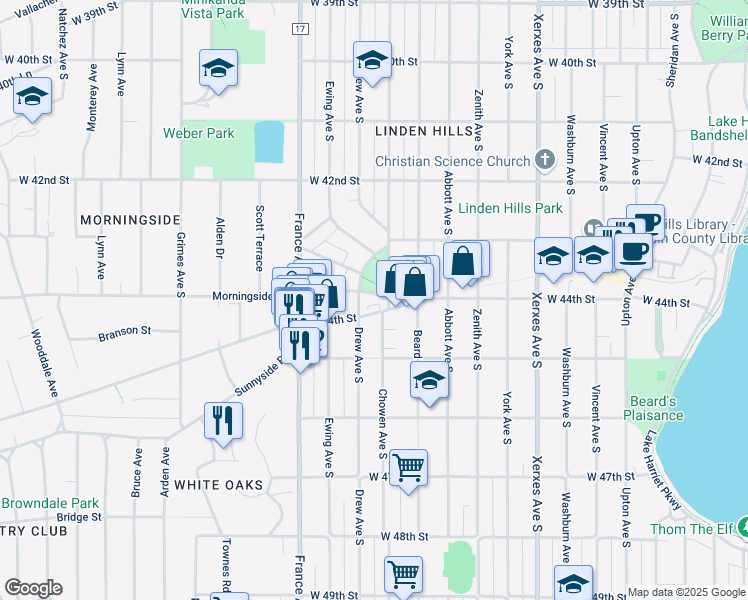 map of restaurants, bars, coffee shops, grocery stores, and more near 4354 Chowen Avenue South in Minneapolis