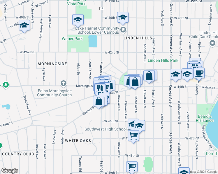 map of restaurants, bars, coffee shops, grocery stores, and more near 3815 Glendale Terrace in Minneapolis