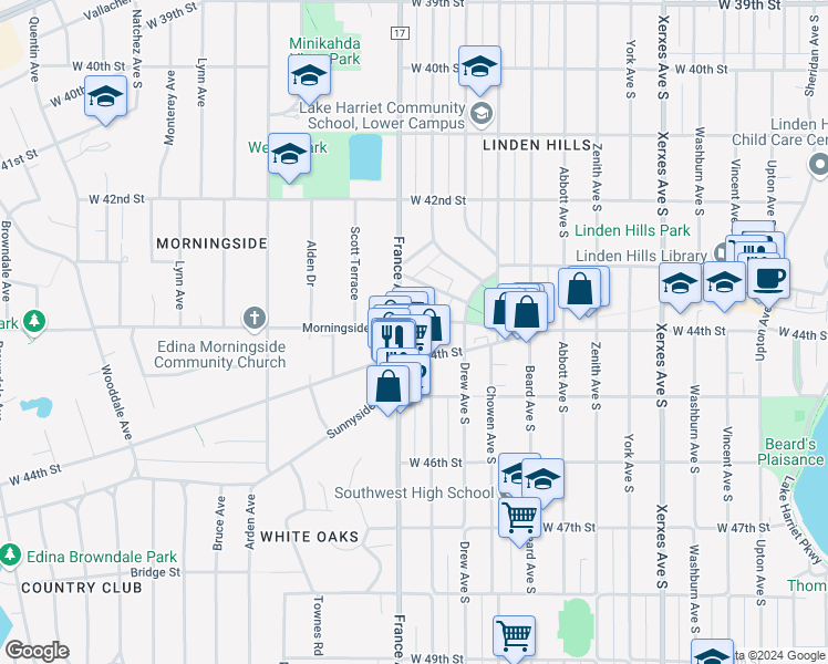 map of restaurants, bars, coffee shops, grocery stores, and more near 3815 Glendale Terrace in Minneapolis