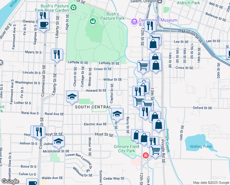 map of restaurants, bars, coffee shops, grocery stores, and more near 1020 Howard Street Southeast in Salem
