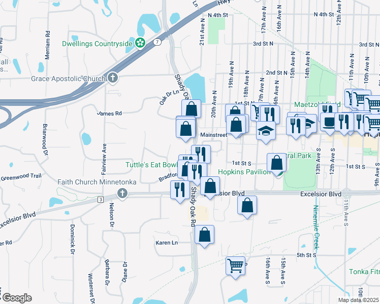 map of restaurants, bars, coffee shops, grocery stores, and more near 26 Shady Oak Road in Hopkins