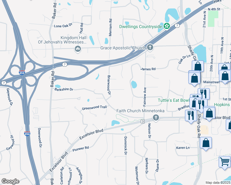 map of restaurants, bars, coffee shops, grocery stores, and more near 12511 Briarwood Terrace in Hopkins