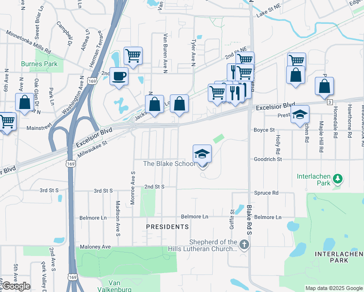 map of restaurants, bars, coffee shops, grocery stores, and more near 33 Harrison Avenue South in Hopkins