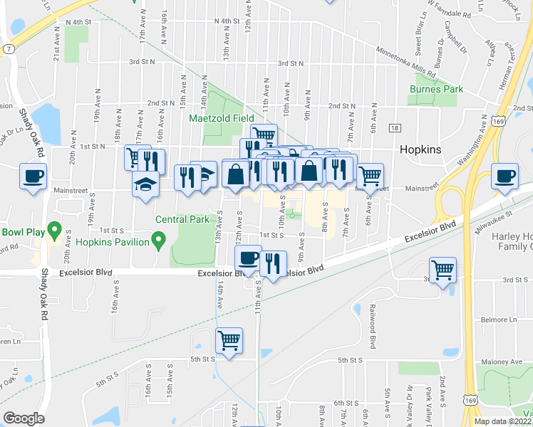 map of restaurants, bars, coffee shops, grocery stores, and more near 26 10th Avenue South in Hopkins