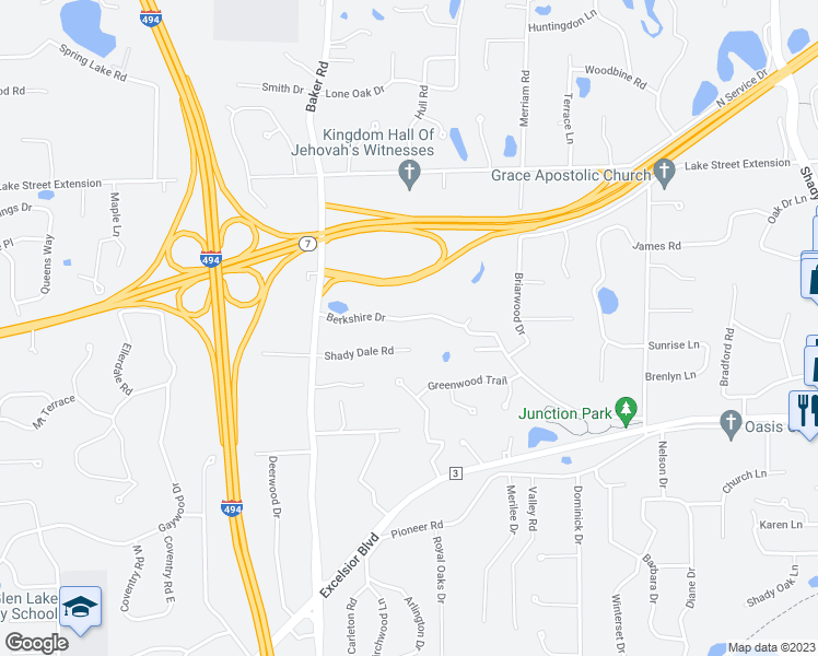 map of restaurants, bars, coffee shops, grocery stores, and more near 12951 Berkshire Drive in Hopkins