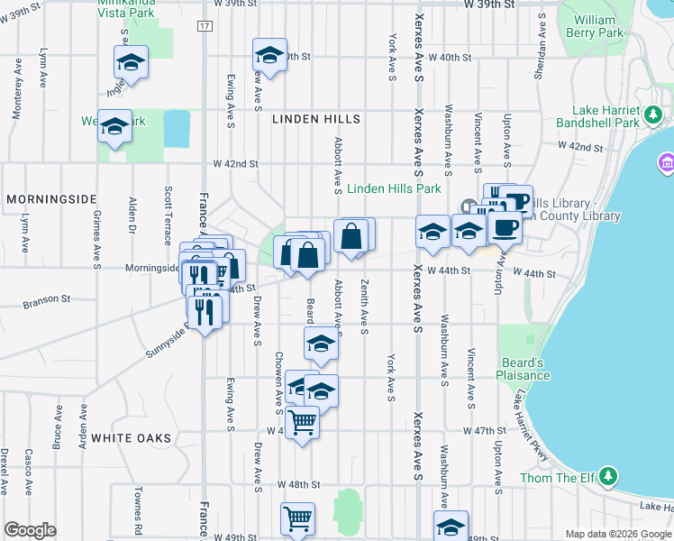 map of restaurants, bars, coffee shops, grocery stores, and more near 3322 West 44th Street in Minneapolis