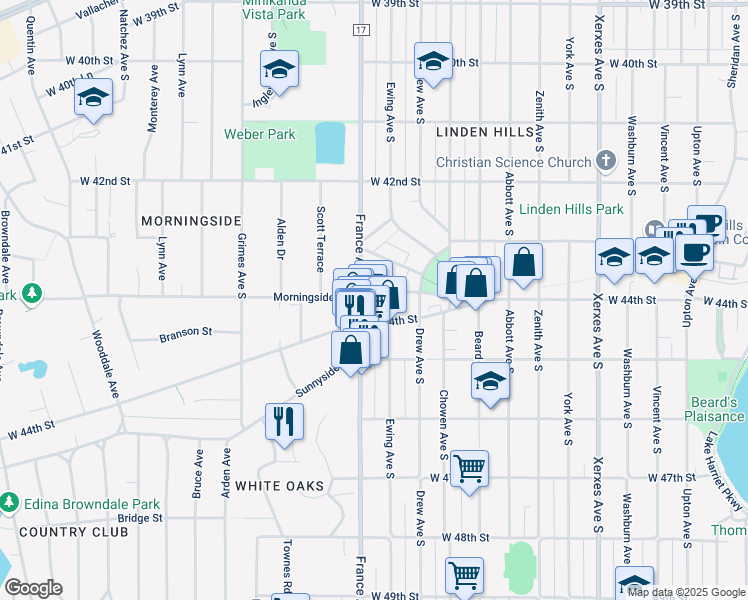 map of restaurants, bars, coffee shops, grocery stores, and more near 3815 Glendale Terrace in Minneapolis