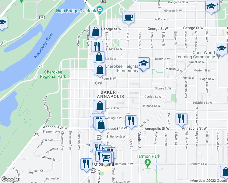 map of restaurants, bars, coffee shops, grocery stores, and more near 320 Sidney Street West in Saint Paul