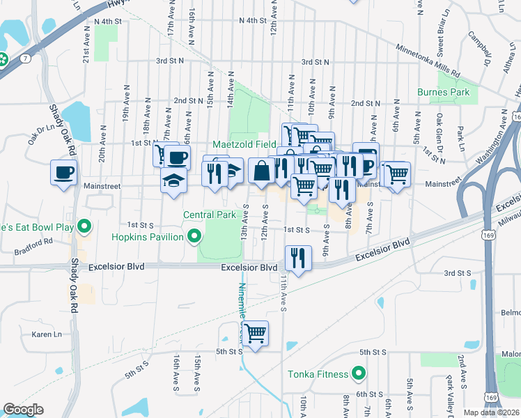 map of restaurants, bars, coffee shops, grocery stores, and more near 44 12th Avenue South in Hopkins