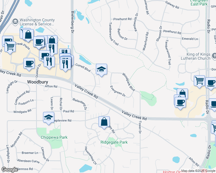 map of restaurants, bars, coffee shops, grocery stores, and more near 1716 Evergreen Drive in Woodbury