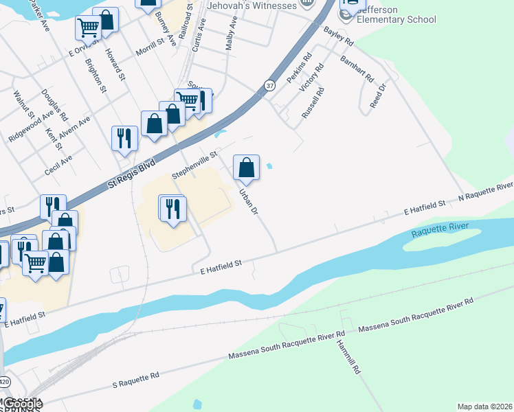 map of restaurants, bars, coffee shops, grocery stores, and more near 27 Urban Dr in Massena