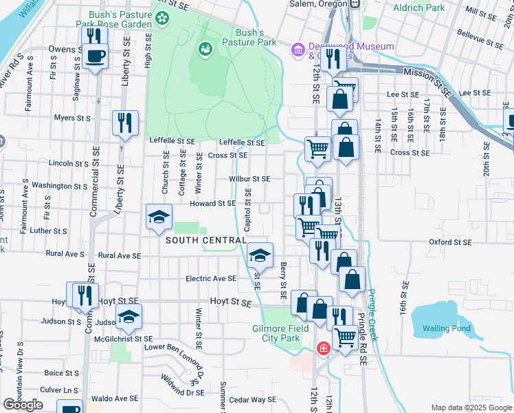 map of restaurants, bars, coffee shops, grocery stores, and more near 1020 Howard Street Southeast in Salem