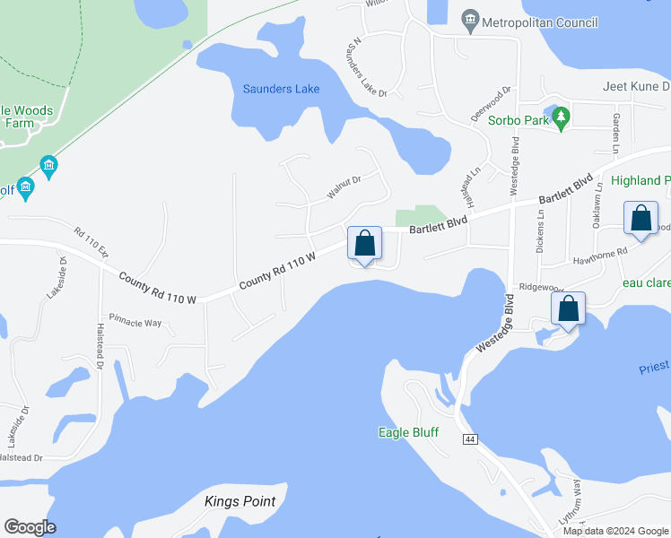 map of restaurants, bars, coffee shops, grocery stores, and more near 6547 Bartlett Boulevard in Mound