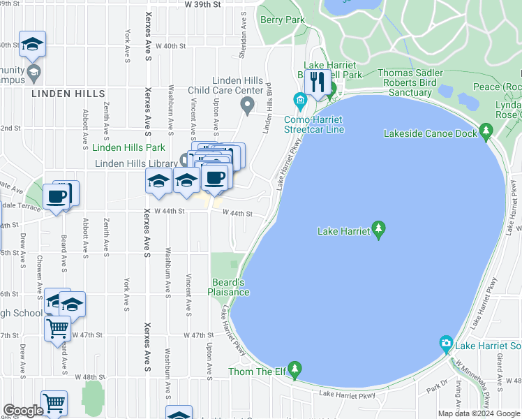 map of restaurants, bars, coffee shops, grocery stores, and more near 4344 West Lake Harriet Parkway in Minneapolis