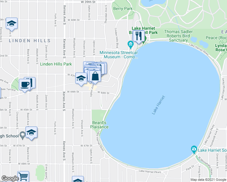 map of restaurants, bars, coffee shops, grocery stores, and more near 4344 West Lake Harriet Parkway in Minneapolis