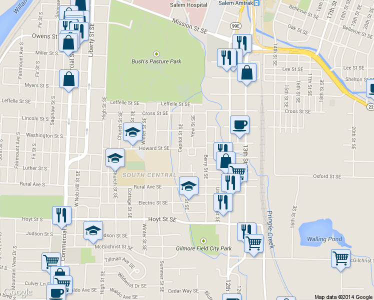map of restaurants, bars, coffee shops, grocery stores, and more near 1020 Howard Street Southeast in Salem