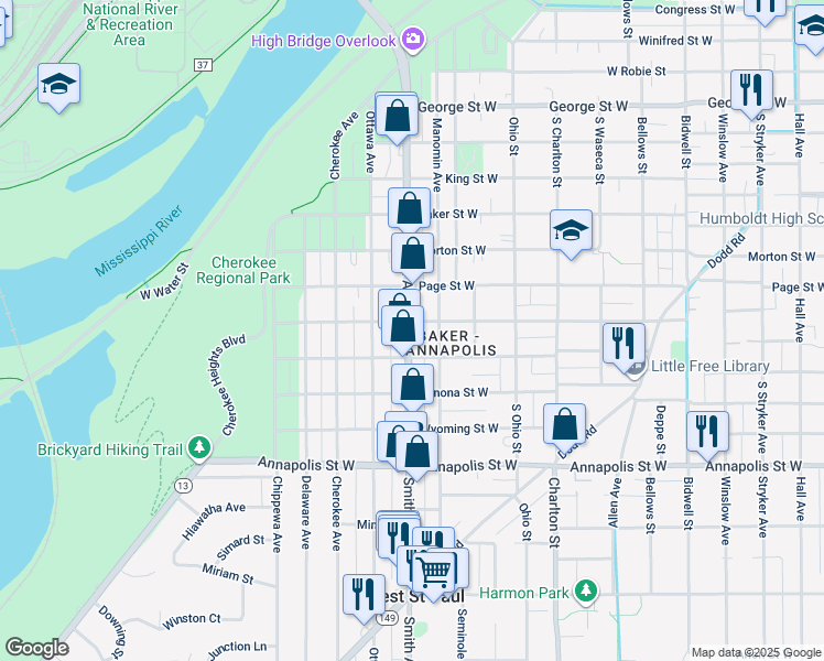 map of restaurants, bars, coffee shops, grocery stores, and more near 745 Minnesota 149 in Saint Paul