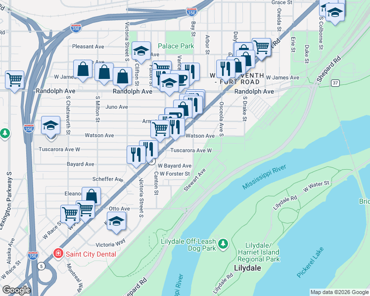 map of restaurants, bars, coffee shops, grocery stores, and more near 761 Tuscarora Avenue West in Saint Paul