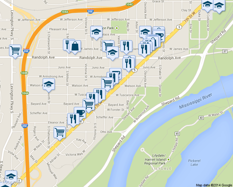 map of restaurants, bars, coffee shops, grocery stores, and more near 761 Tuscarora Avenue West in Saint Paul