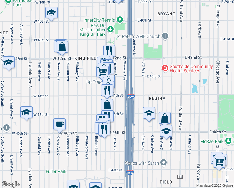 map of restaurants, bars, coffee shops, grocery stores, and more near 110 East 44th Street in Minneapolis