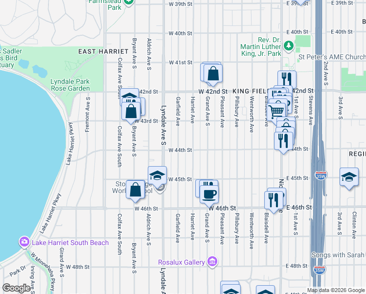 map of restaurants, bars, coffee shops, grocery stores, and more near 4351 Garfield Avenue in Minneapolis
