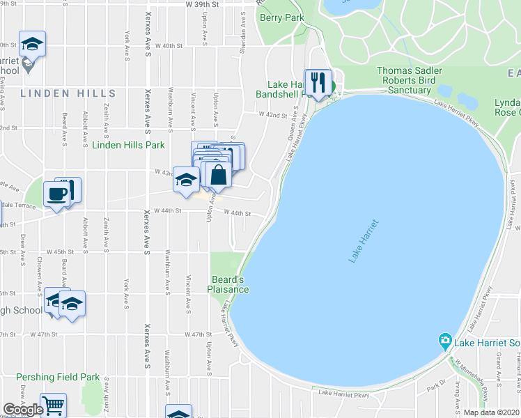 map of restaurants, bars, coffee shops, grocery stores, and more near 4344 West Lake Harriet Parkway in Minneapolis