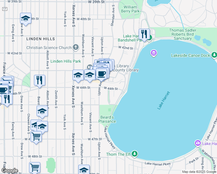 map of restaurants, bars, coffee shops, grocery stores, and more near 2700 West 44th Street in Minneapolis