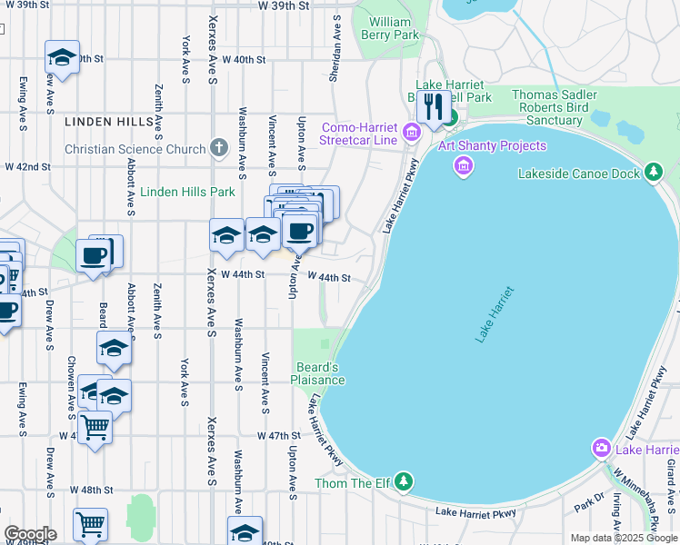 map of restaurants, bars, coffee shops, grocery stores, and more near 2628 West 44th Street in Minneapolis