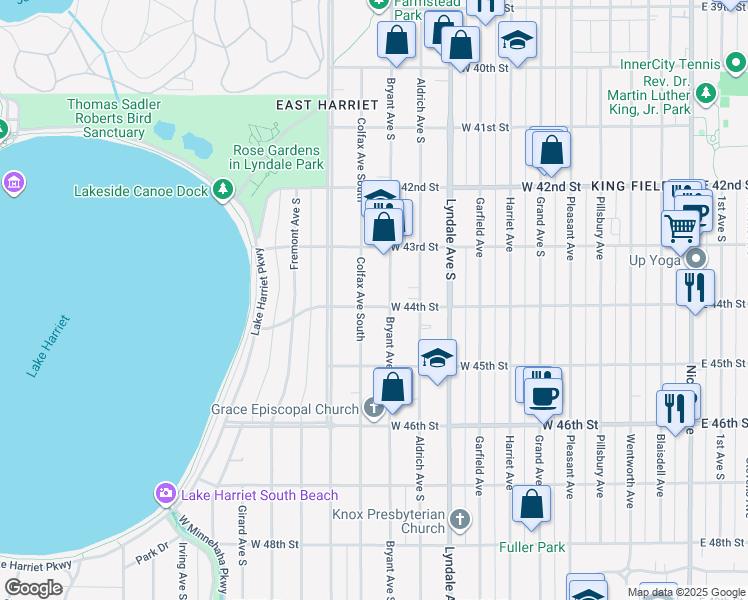 map of restaurants, bars, coffee shops, grocery stores, and more near 4344 Bryant Avenue South in Minneapolis