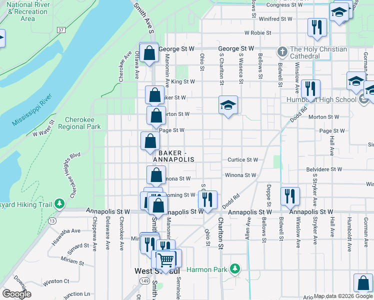 map of restaurants, bars, coffee shops, grocery stores, and more near 320 Sidney Street West in Saint Paul