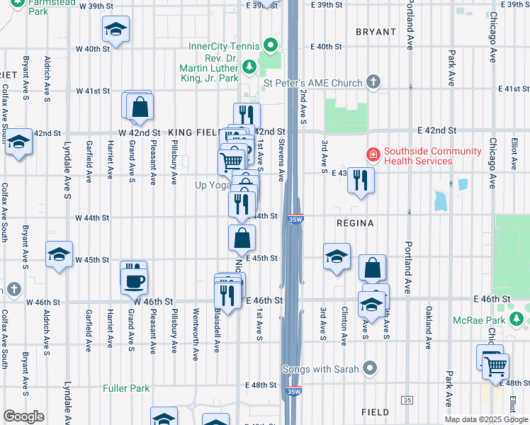 map of restaurants, bars, coffee shops, grocery stores, and more near 110 East 44th Street in Minneapolis