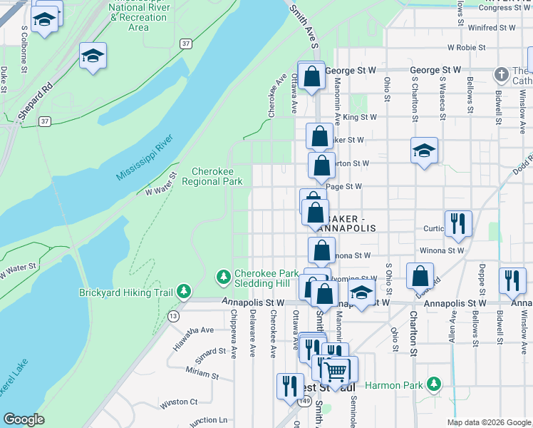 map of restaurants, bars, coffee shops, grocery stores, and more near 745 Cherokee Avenue in Saint Paul