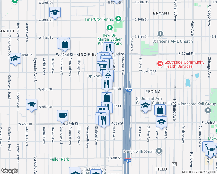 map of restaurants, bars, coffee shops, grocery stores, and more near 4355 Nicollet Avenue in Minneapolis