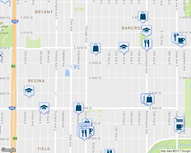 map of restaurants, bars, coffee shops, grocery stores, and more near 4353 Elliot Avenue in Minneapolis