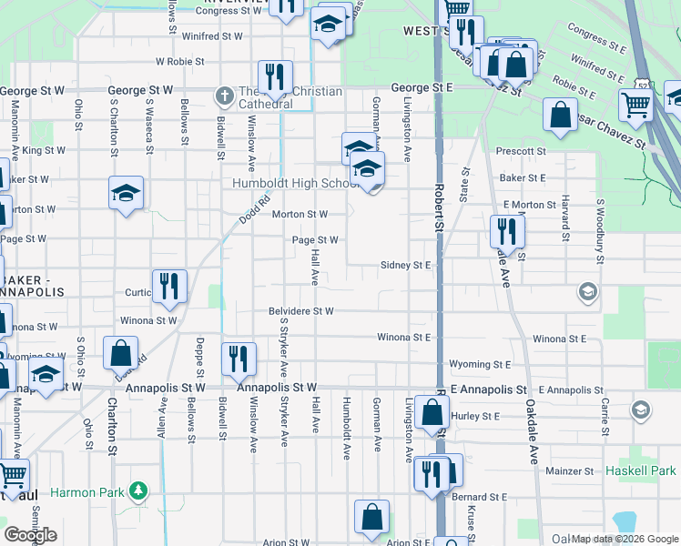 map of restaurants, bars, coffee shops, grocery stores, and more near 749 Humboldt Avenue in Saint Paul