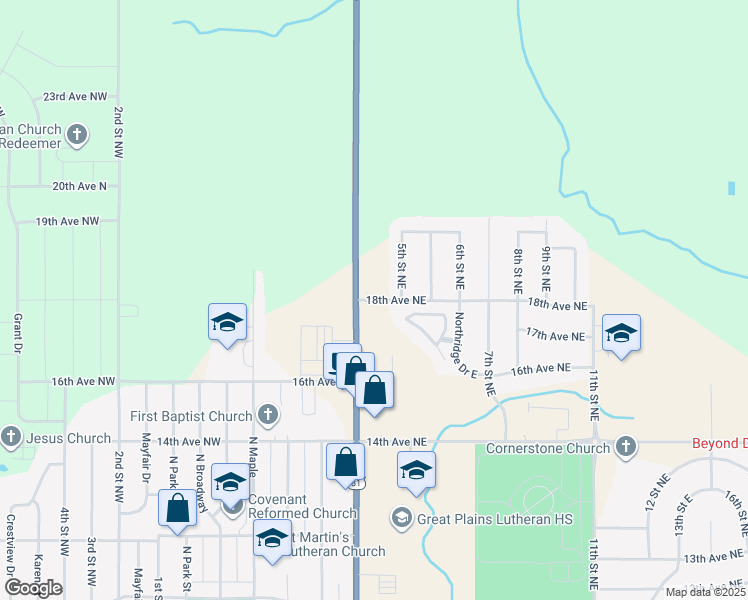 map of restaurants, bars, coffee shops, grocery stores, and more near 437 18th Avenue Northeast in Watertown