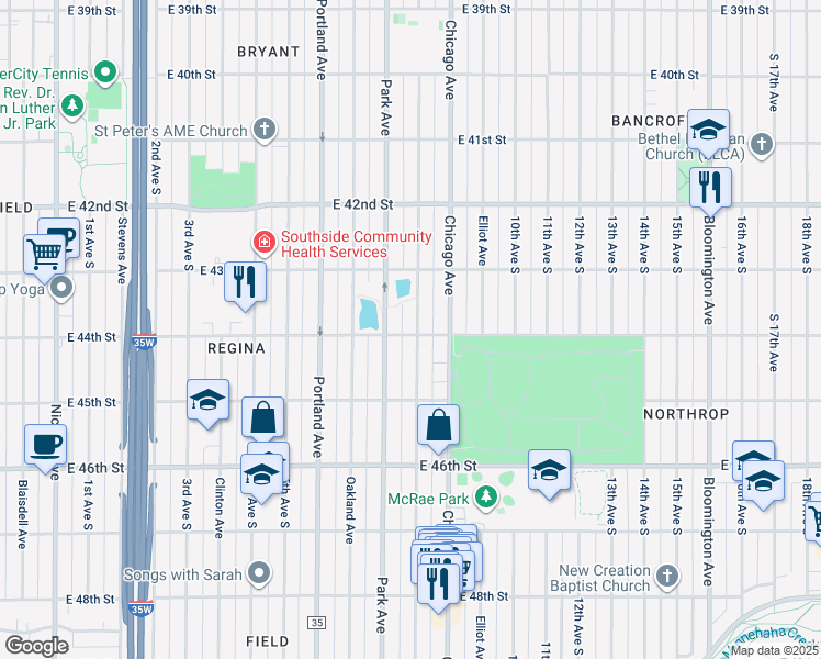 map of restaurants, bars, coffee shops, grocery stores, and more near 4352 Columbus Avenue South in Minneapolis