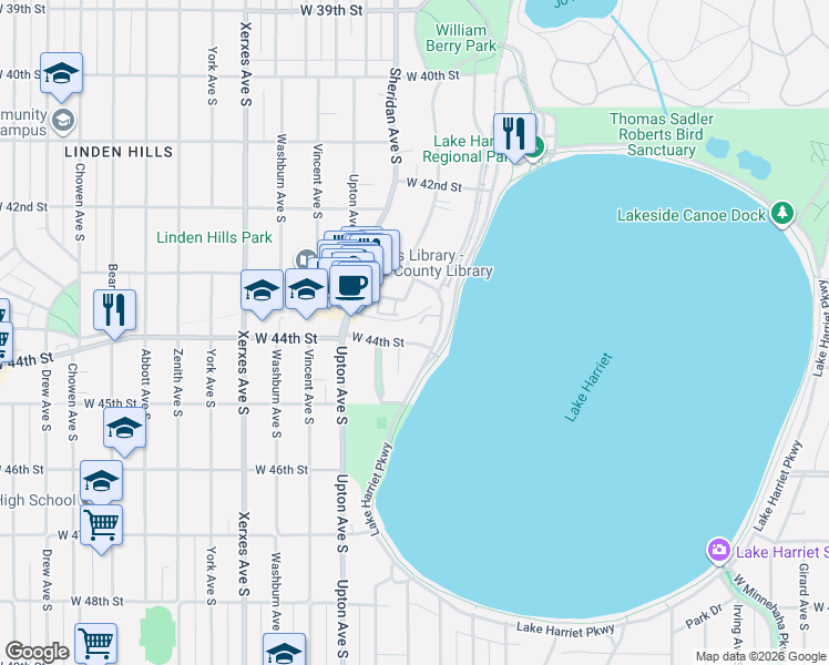 map of restaurants, bars, coffee shops, grocery stores, and more near 2618 West 44th Street in Minneapolis