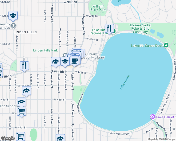 map of restaurants, bars, coffee shops, grocery stores, and more near 2618 West 44th Street in Minneapolis