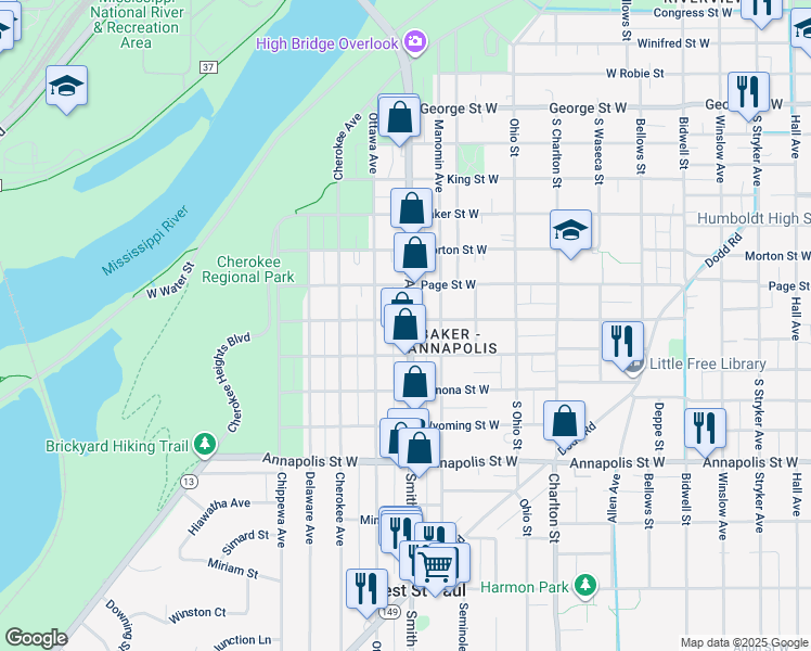map of restaurants, bars, coffee shops, grocery stores, and more near 745 Minnesota 149 in Saint Paul