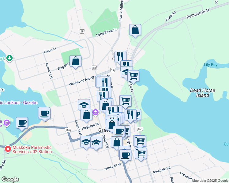 map of restaurants, bars, coffee shops, grocery stores, and more near 410 First Street North in Gravenhurst