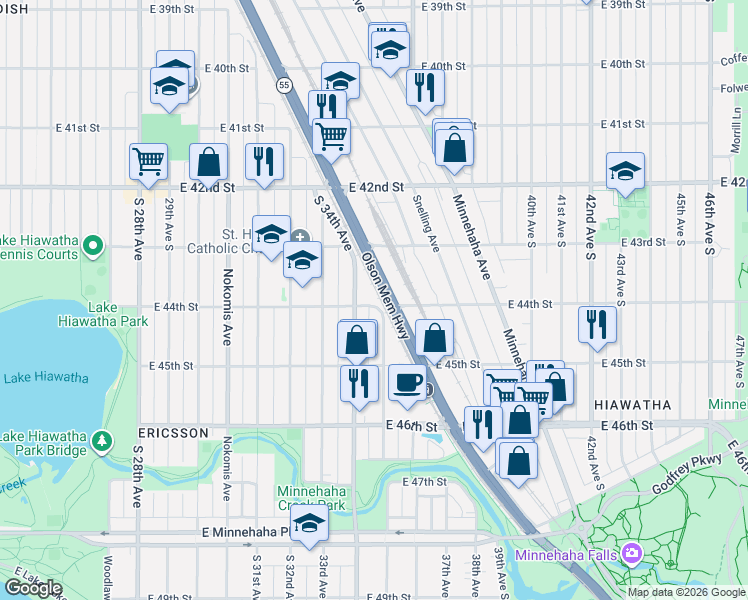 map of restaurants, bars, coffee shops, grocery stores, and more near 3420 East 44th Street in Minneapolis