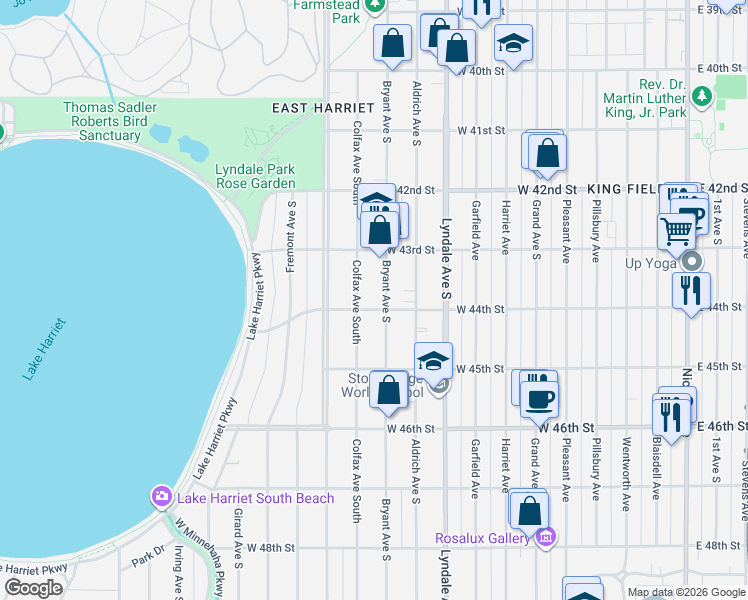 map of restaurants, bars, coffee shops, grocery stores, and more near 4344 Bryant Avenue South in Minneapolis