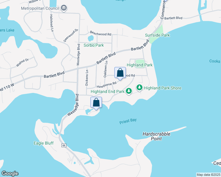 map of restaurants, bars, coffee shops, grocery stores, and more near 5949 Hawthorne Road in Mound