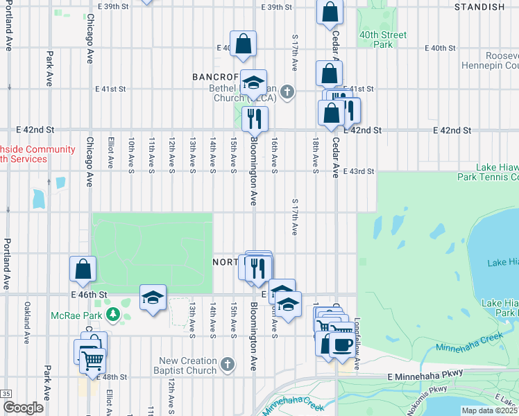 map of restaurants, bars, coffee shops, grocery stores, and more near 4351 Bloomington Avenue in Minneapolis