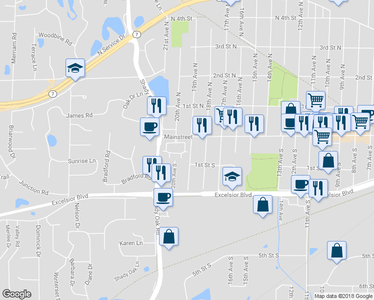 map of restaurants, bars, coffee shops, grocery stores, and more near 1924 Mainstreet in Hopkins