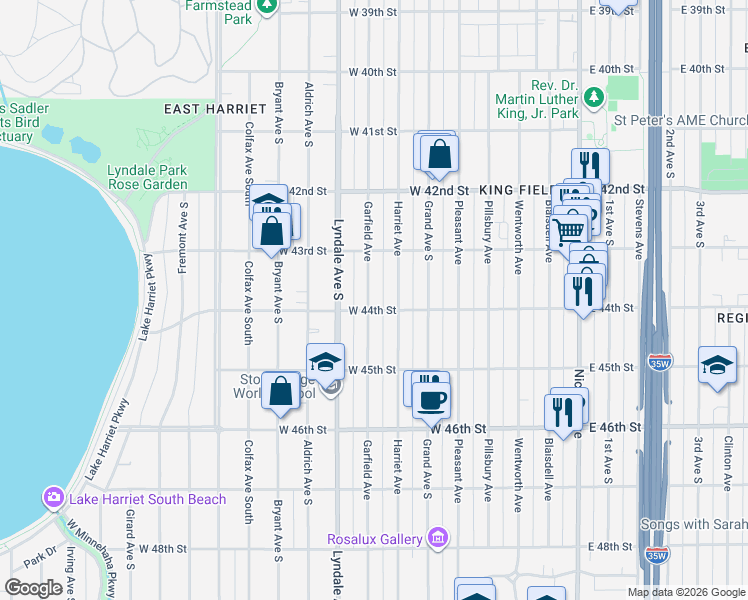 map of restaurants, bars, coffee shops, grocery stores, and more near 4351 Garfield Avenue in Minneapolis