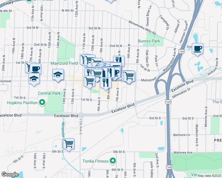 map of restaurants, bars, coffee shops, grocery stores, and more near 17 8th Avenue South in Hopkins