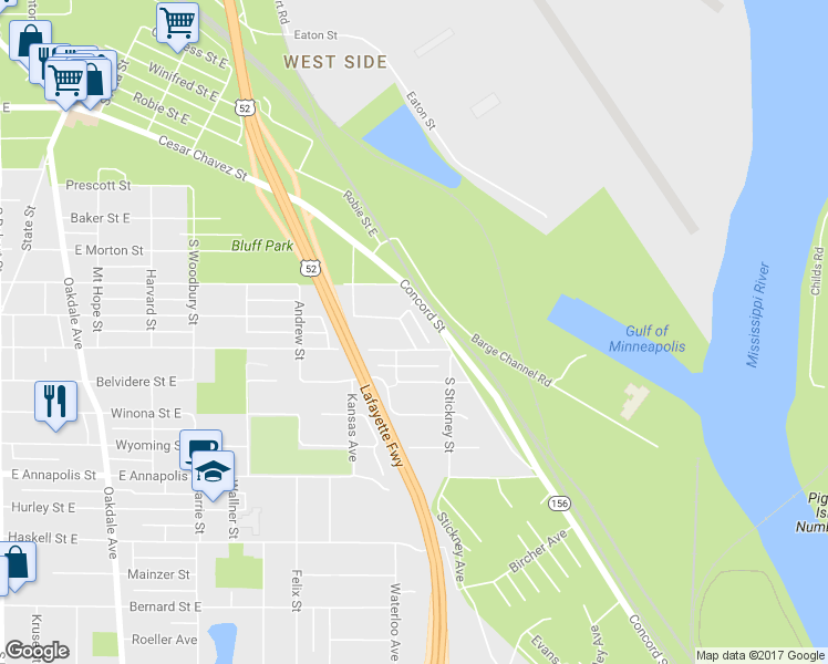 map of restaurants, bars, coffee shops, grocery stores, and more near 505 Sidney Street East in Saint Paul