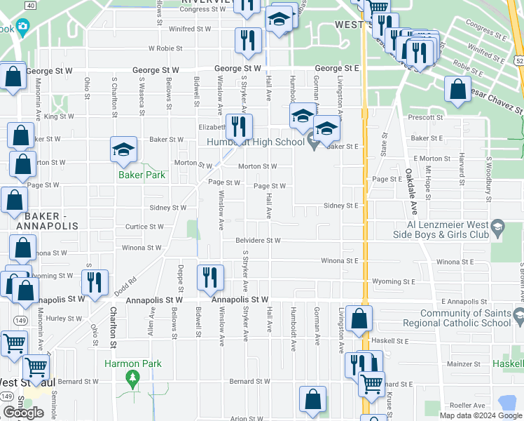 map of restaurants, bars, coffee shops, grocery stores, and more near 749 Hall Avenue in Saint Paul